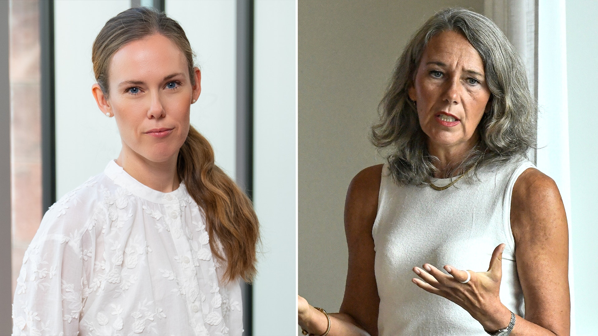 Porträtt av två kvinnor, en yngre och en äldre, båda klädda i vitt mot neutral bakgrund.