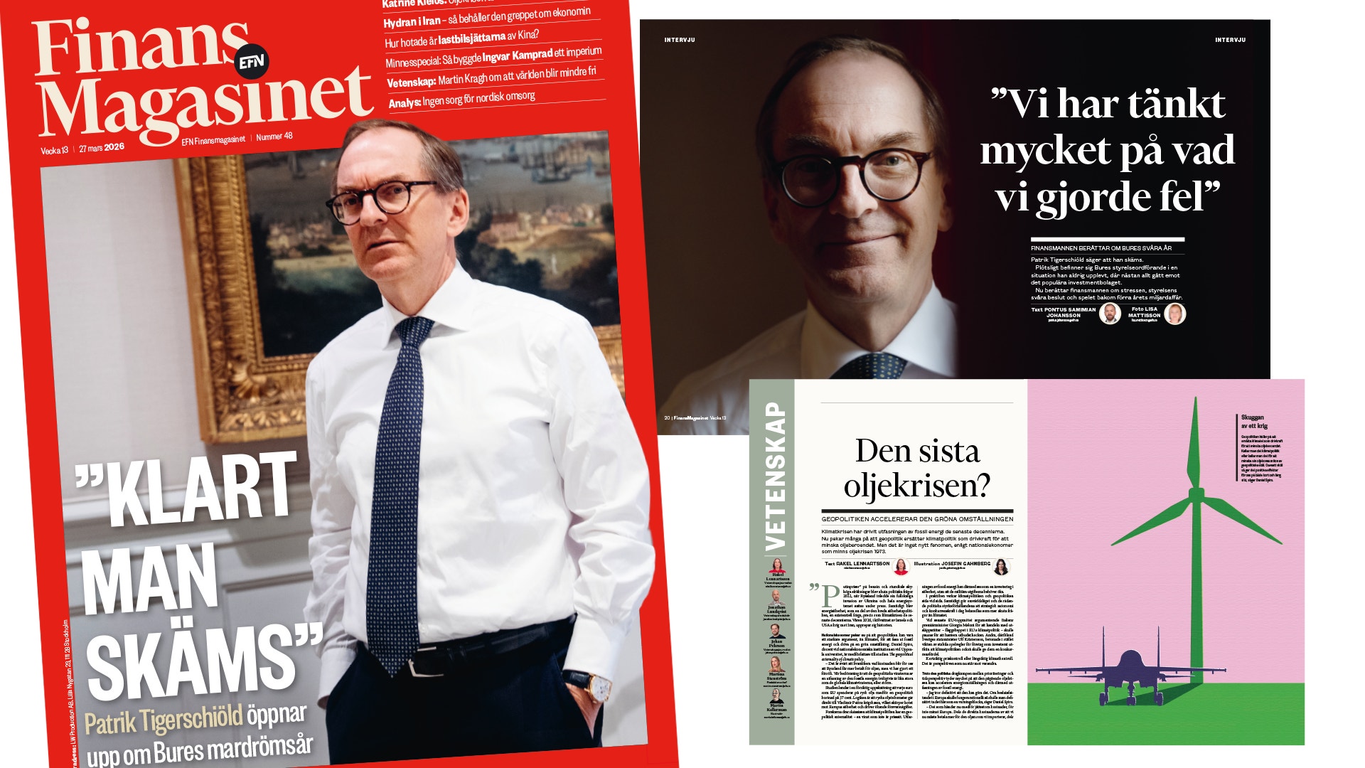 Omslag och inre sidor från Finans Magasinet med porträtt av man i kostym och artikelsidor