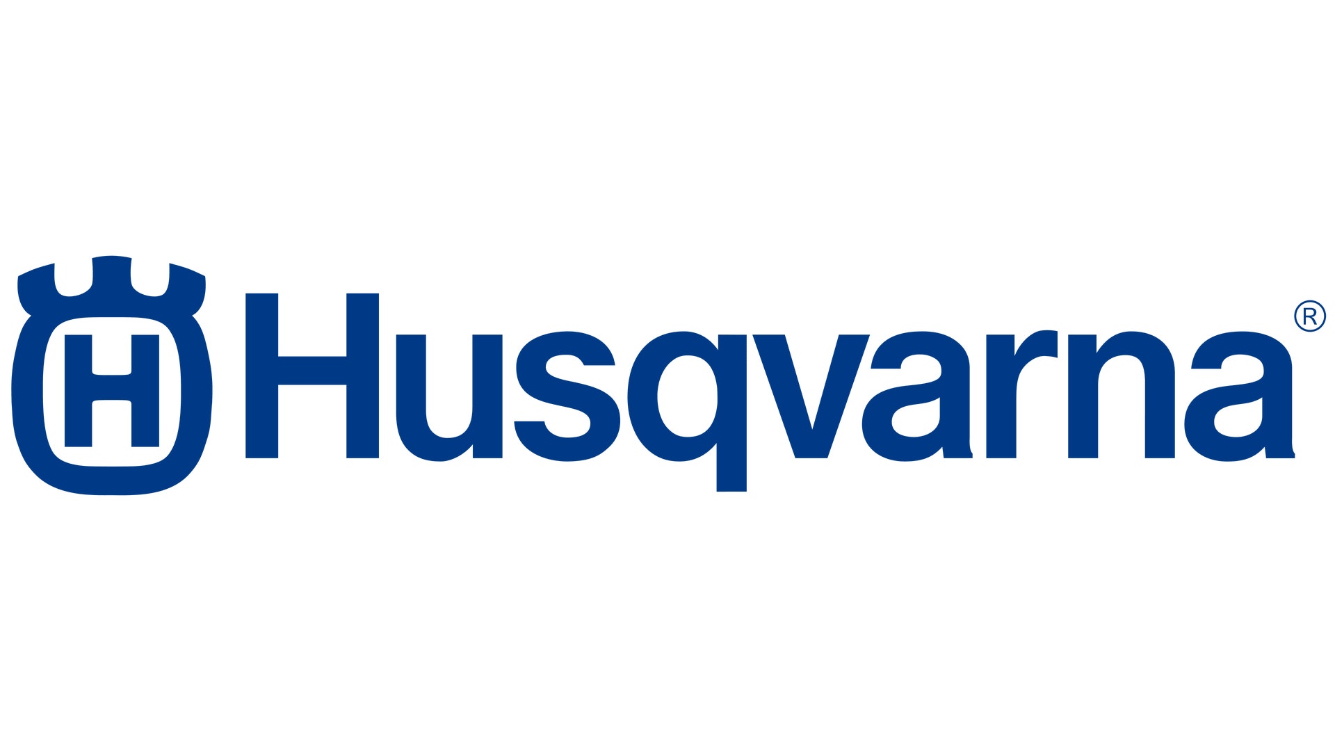 Husqvarnas logotyp med företagsnamnet i blå text och en blå symbol till vänster.