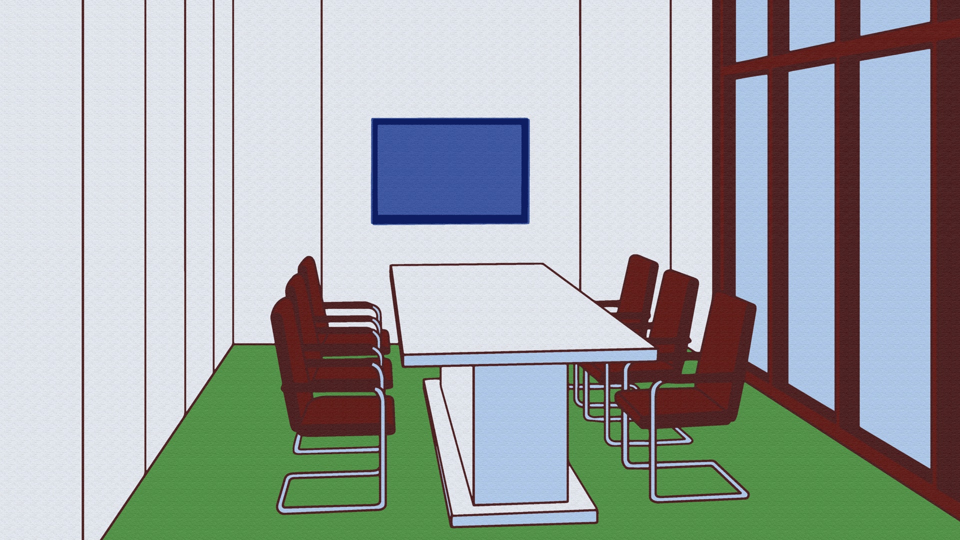 Illustration av ett konferensrum med ett vitt bord, röda stolar på båda sidorna, ett fönster med röda ramar och en blå tavla på väggen.